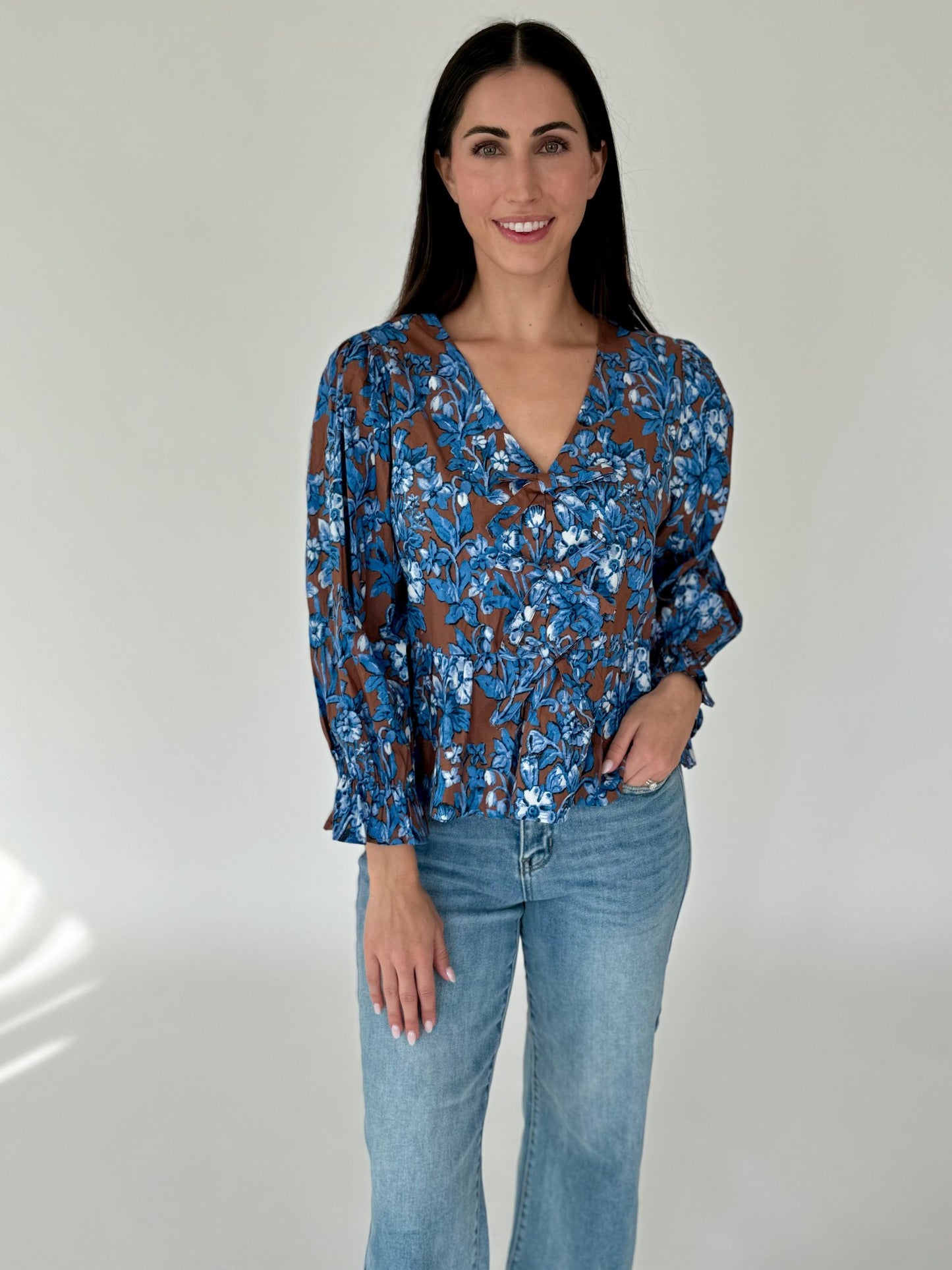 Athena Brown & Blue Floral Bow Detail Top