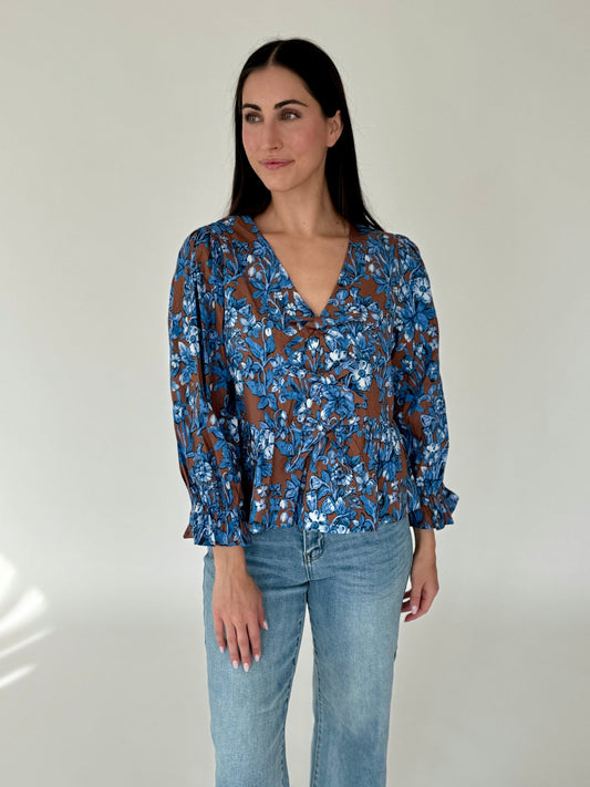 Athena Brown & Blue Floral Bow Detail Top