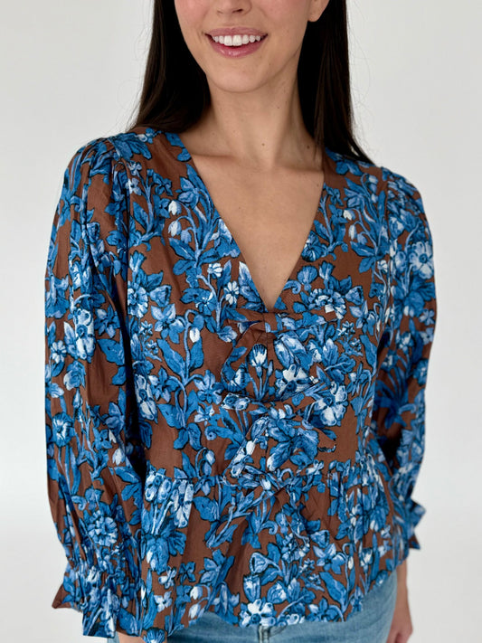 Athena Brown & Blue Floral Bow Detail Top