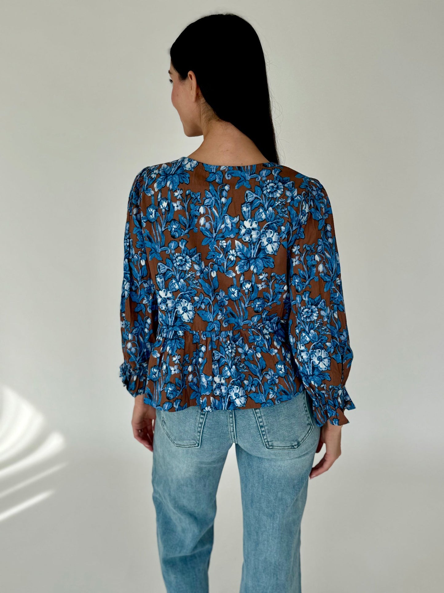 Athena Brown & Blue Floral Bow Detail Top