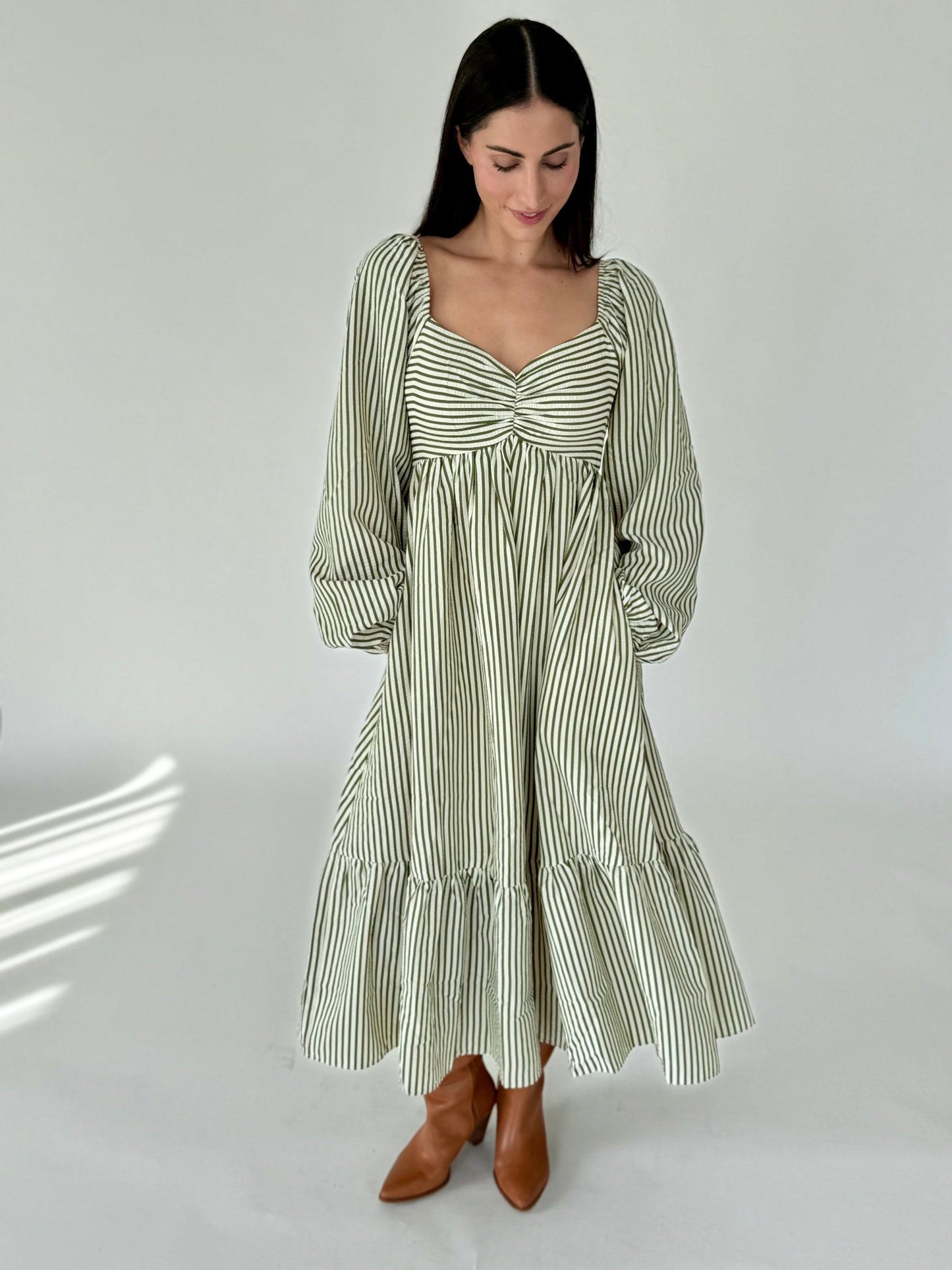 Esther Olive Stripe Balloon Sleeve Midi Dress