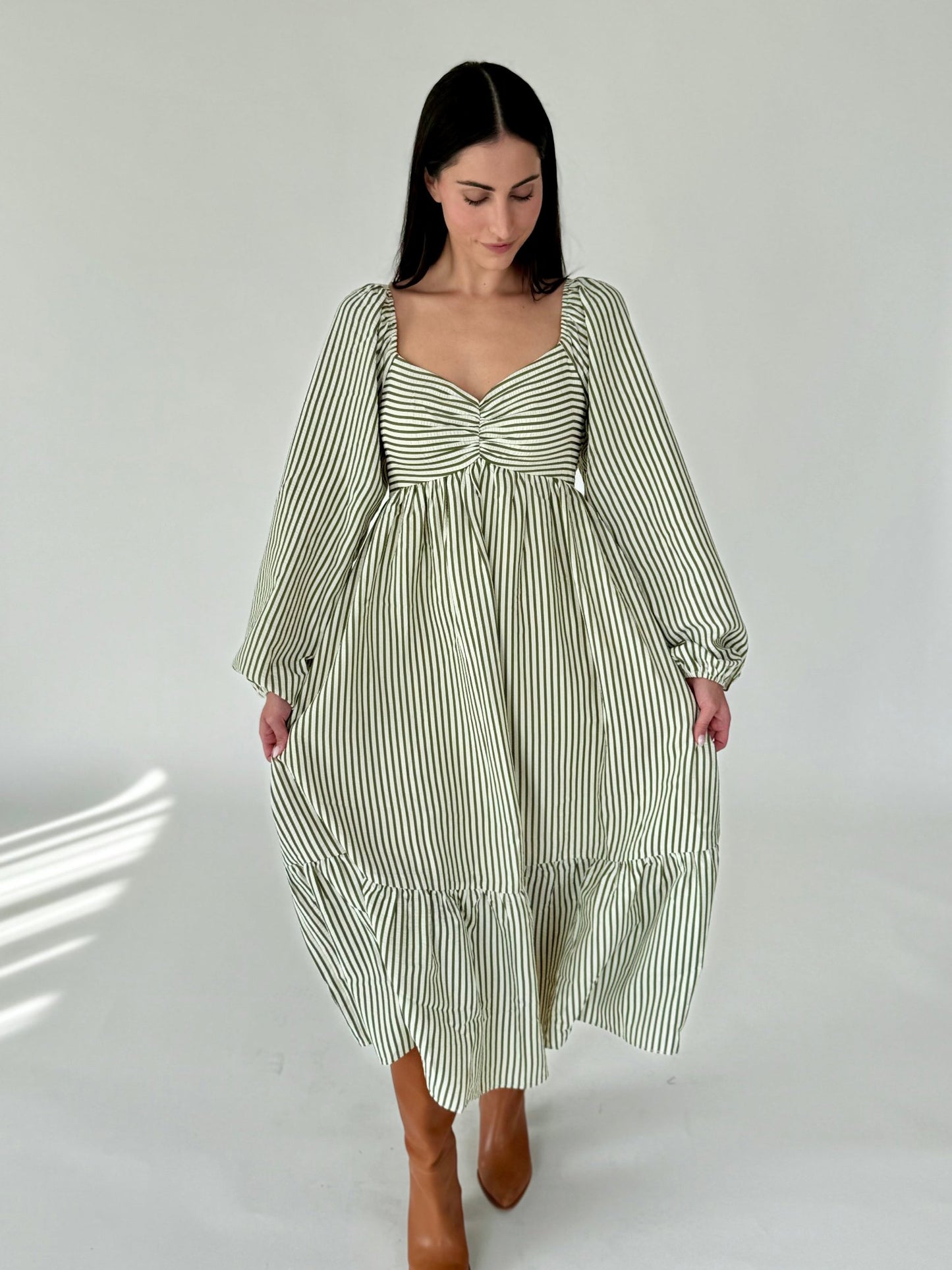 Esther Olive Stripe Balloon Sleeve Midi Dress