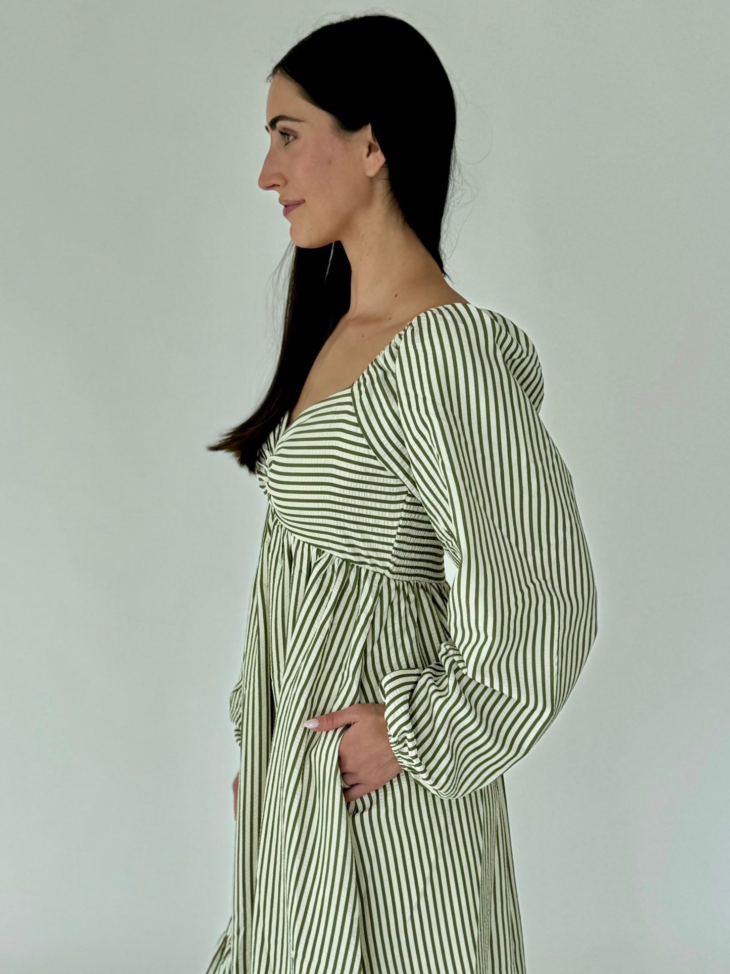 Esther Olive Stripe Balloon Sleeve Midi Dress