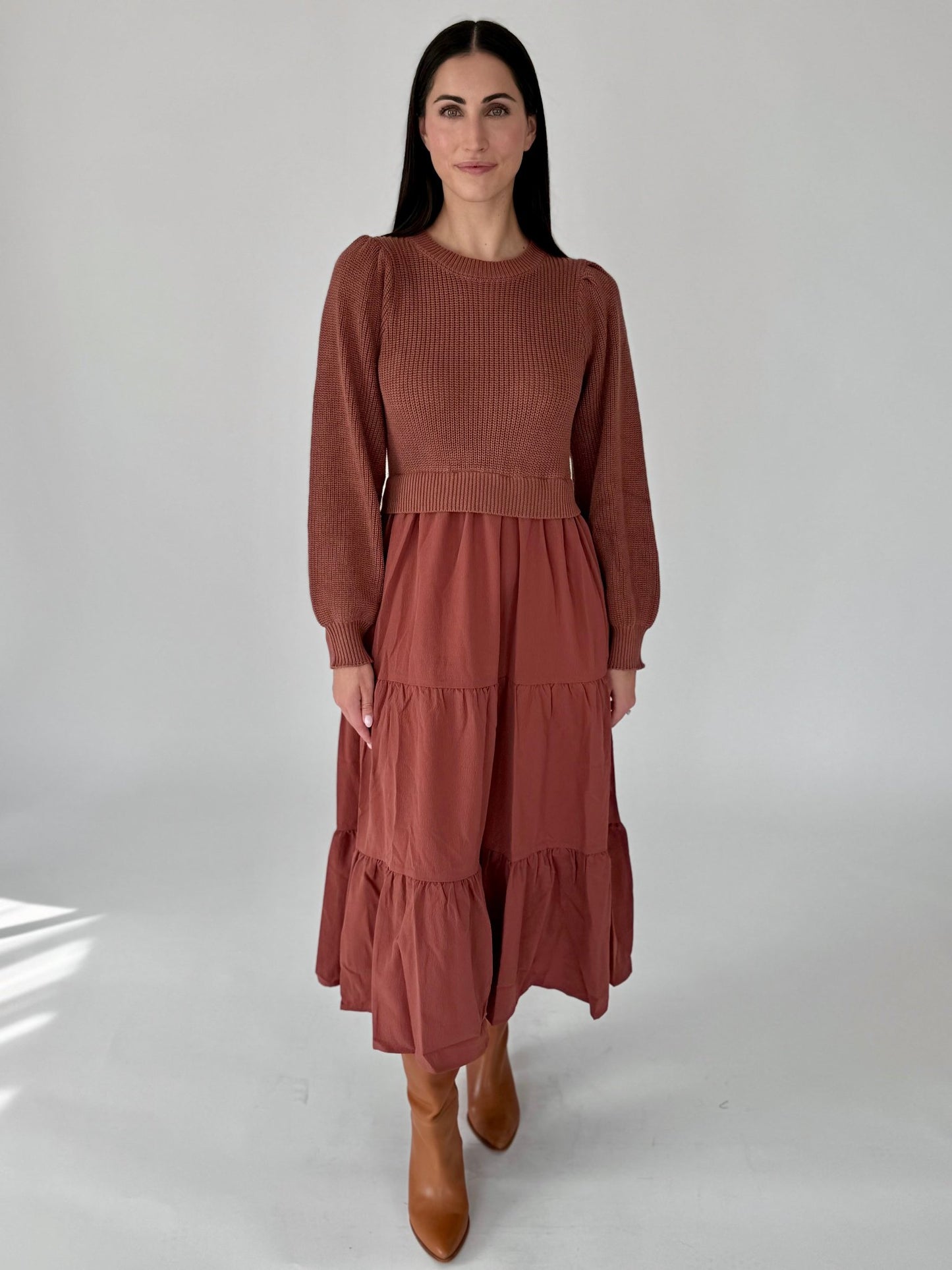 Molly Terracotta Mixed Sweater Midi Dress