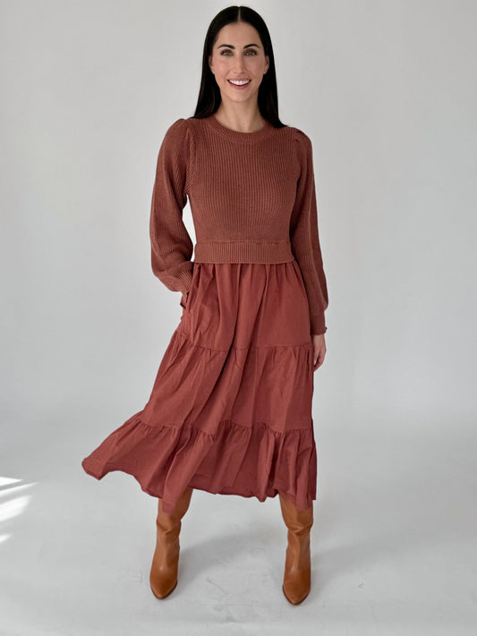 Molly Terracotta Mixed Sweater Midi Dress