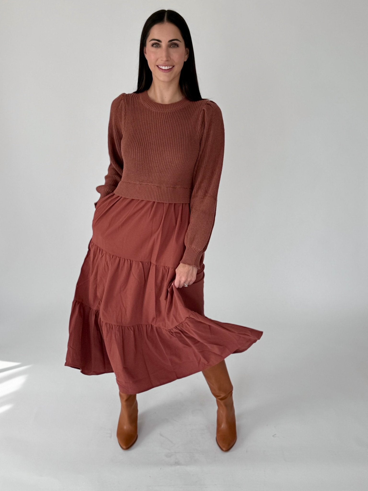 terracotta midi dress Molly Terracotta Mixed Sweater Midi Dress – Wild Iris Boutique
