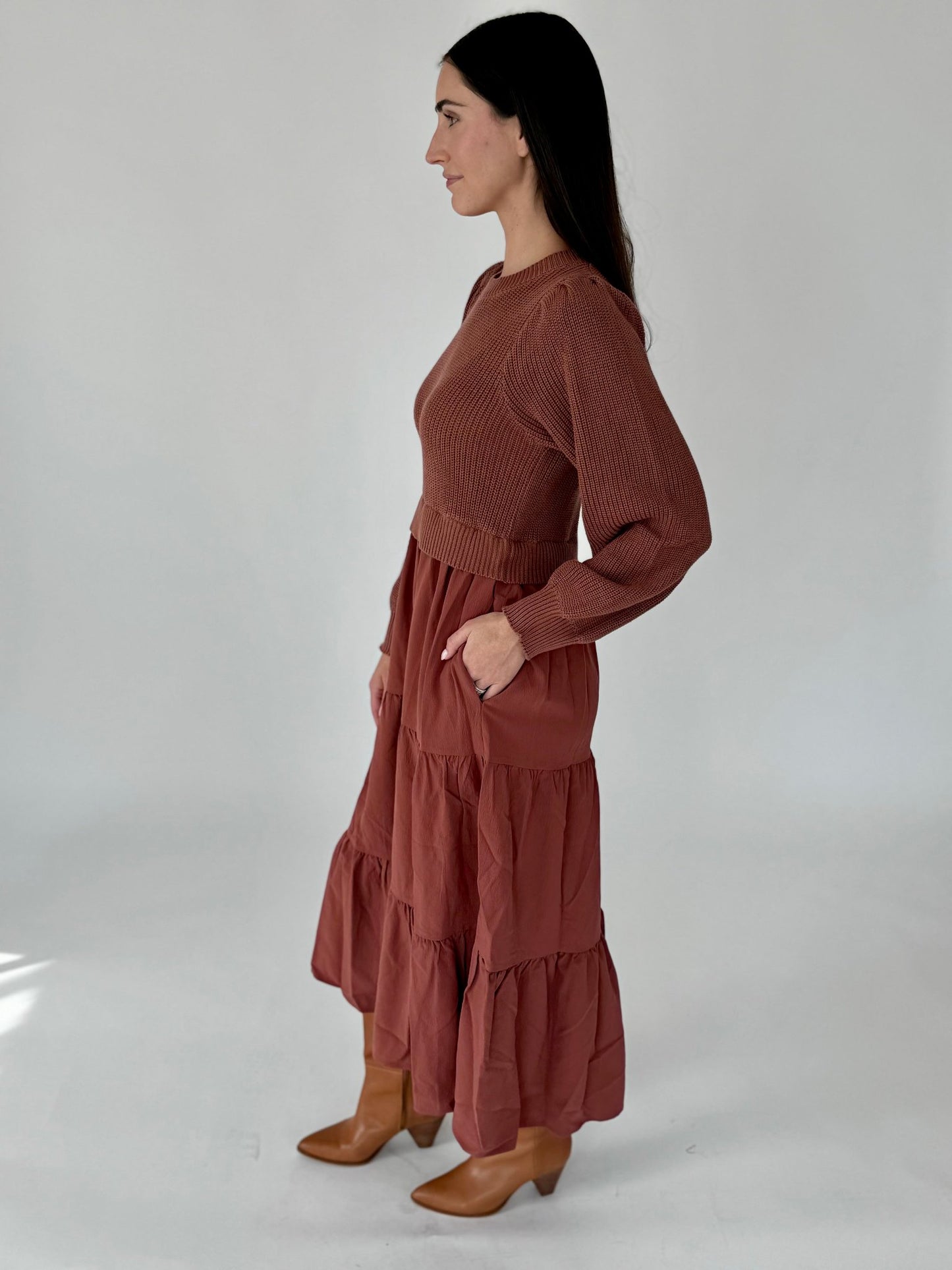 Molly Terracotta Mixed Sweater Midi Dress