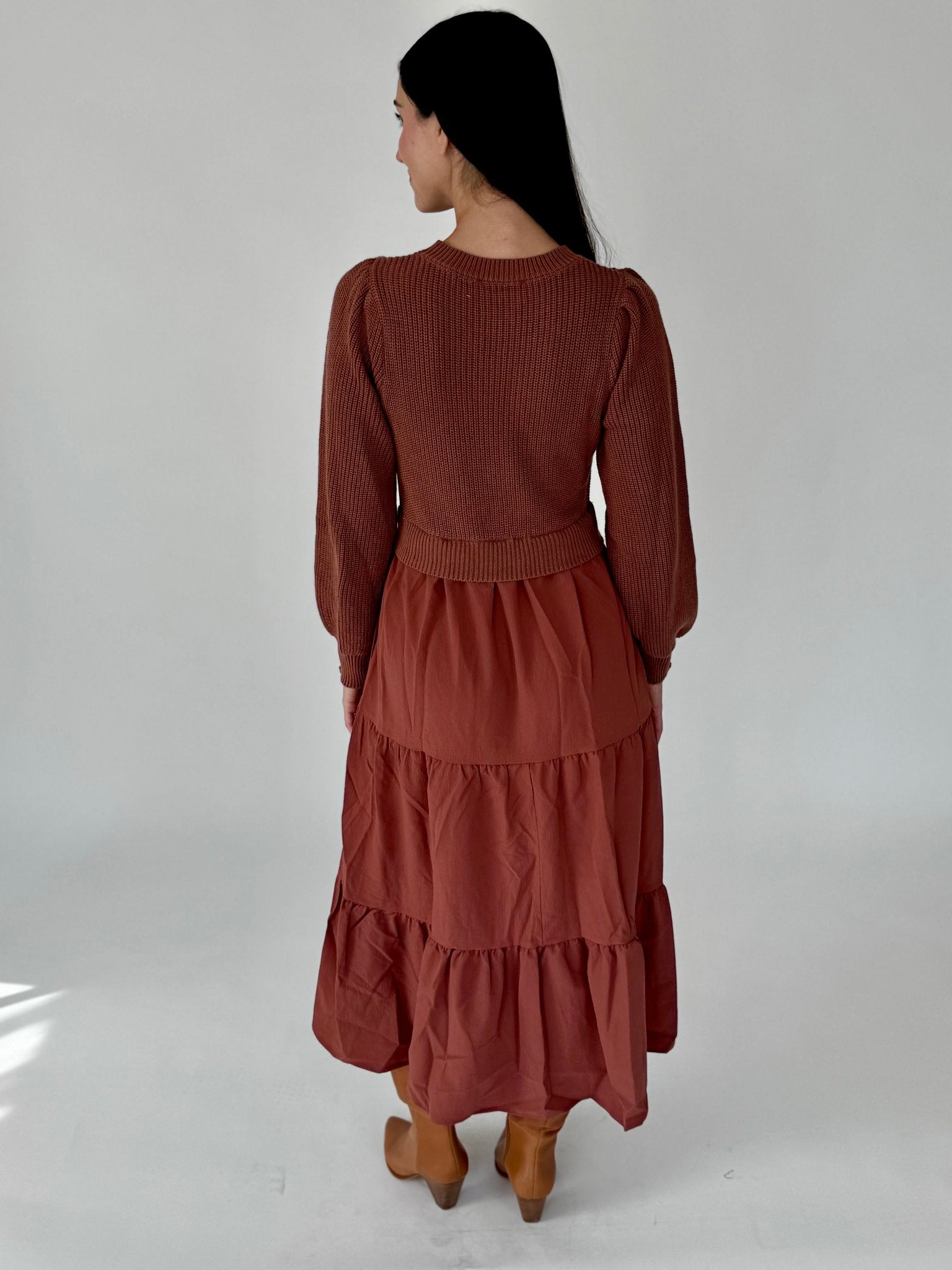 terracotta midi dress Molly Terracotta Mixed Sweater Midi Dress – Wild Iris Boutique