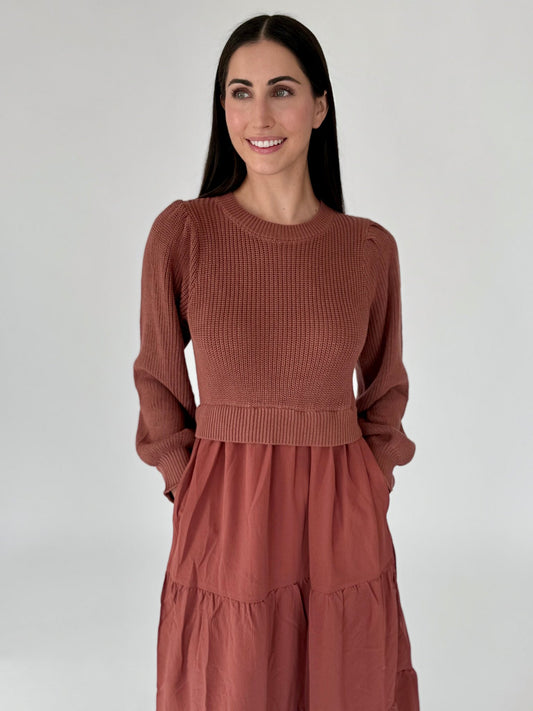 Molly Terracotta Mixed Sweater Midi Dress