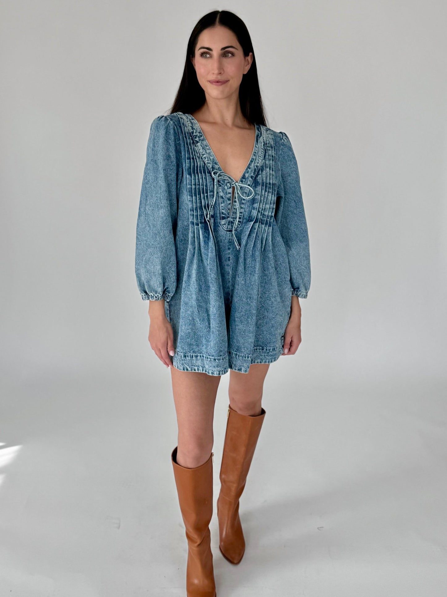 Valerie Long Sleeve Tie Denim Romper