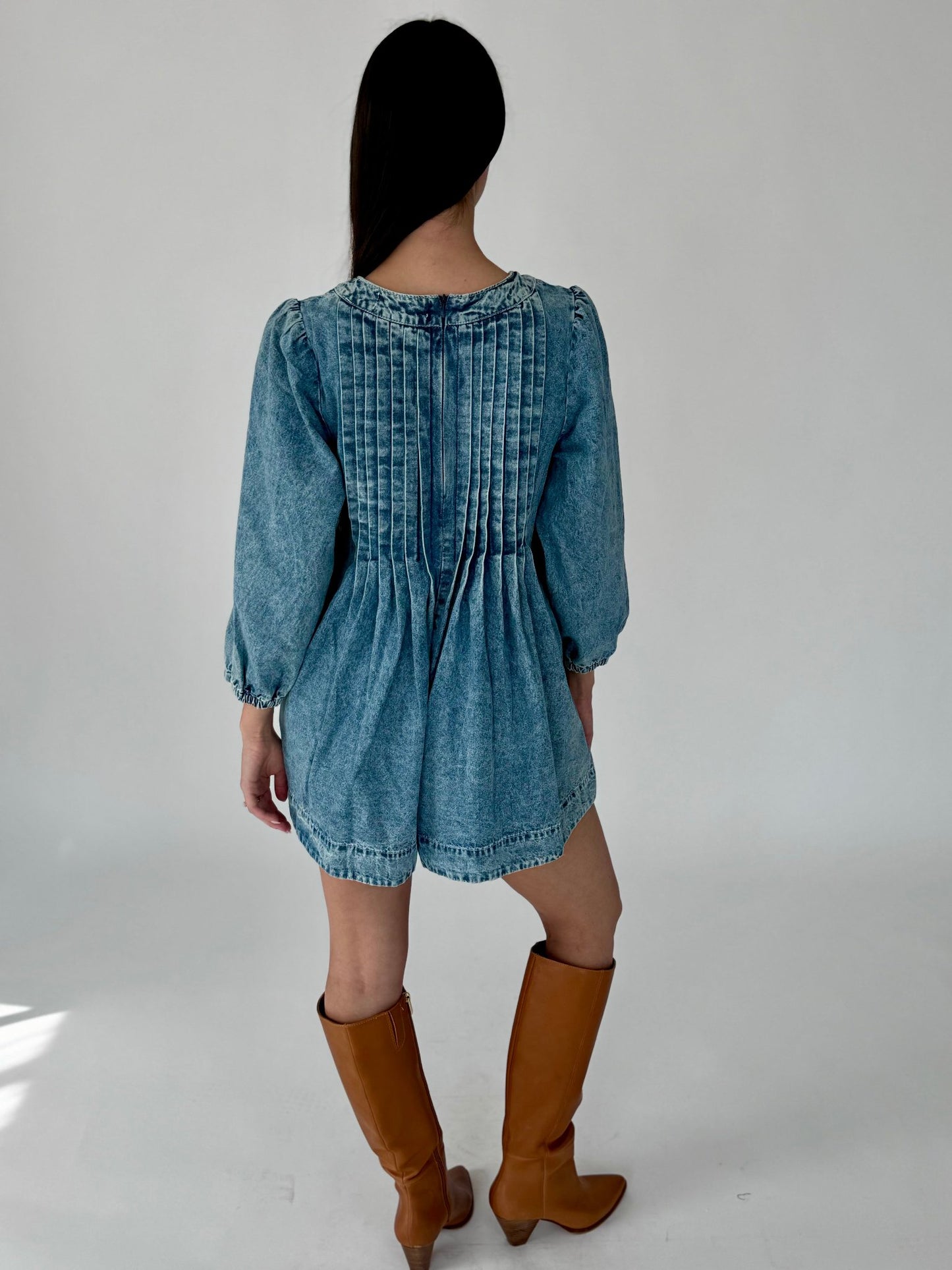 Valerie Long Sleeve Tie Denim Romper