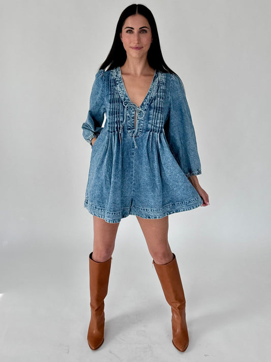 Valerie Long Sleeve Tie Denim Romper