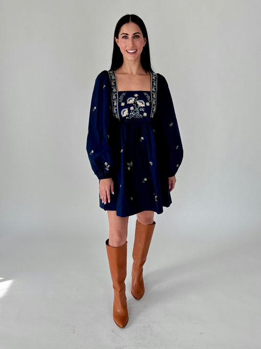 Rylee Embroidered Long Sleeve Navy Dress