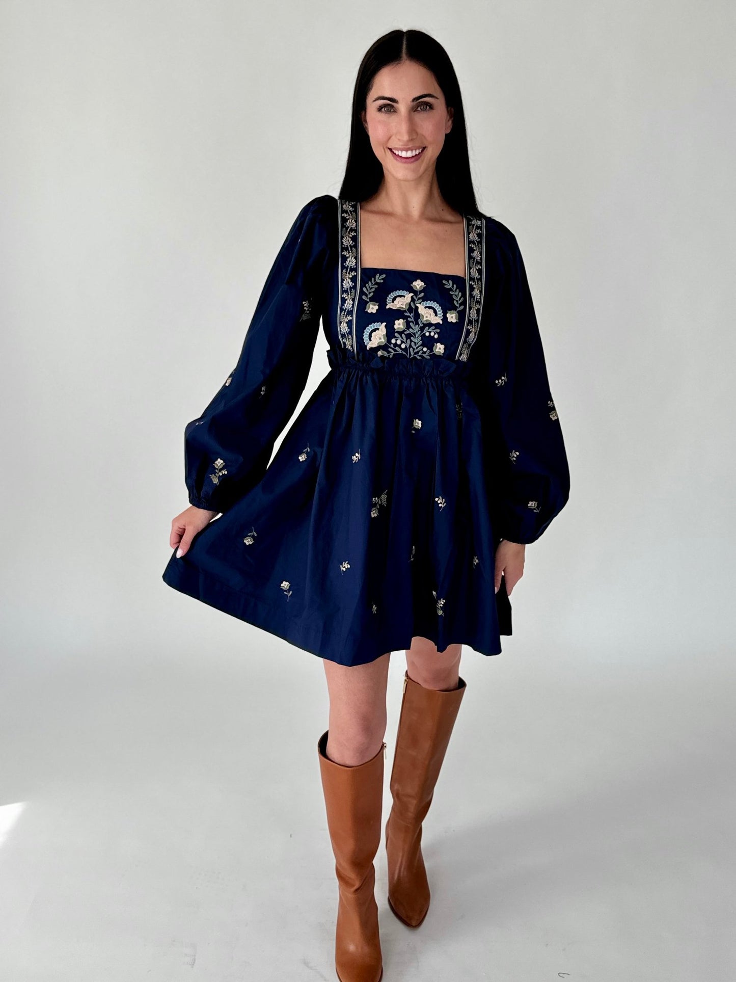 Rylee Embroidered Long Sleeve Navy Dress