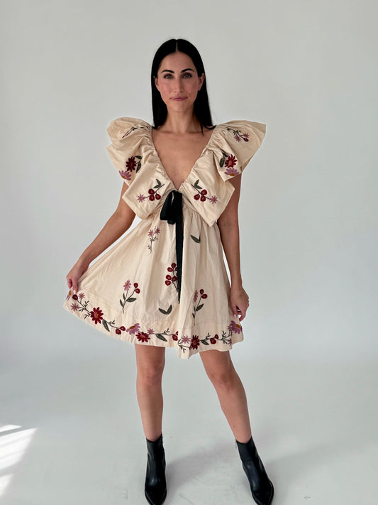 Ryan Embroidered Bow Ruffle Sleeve Mini Dress