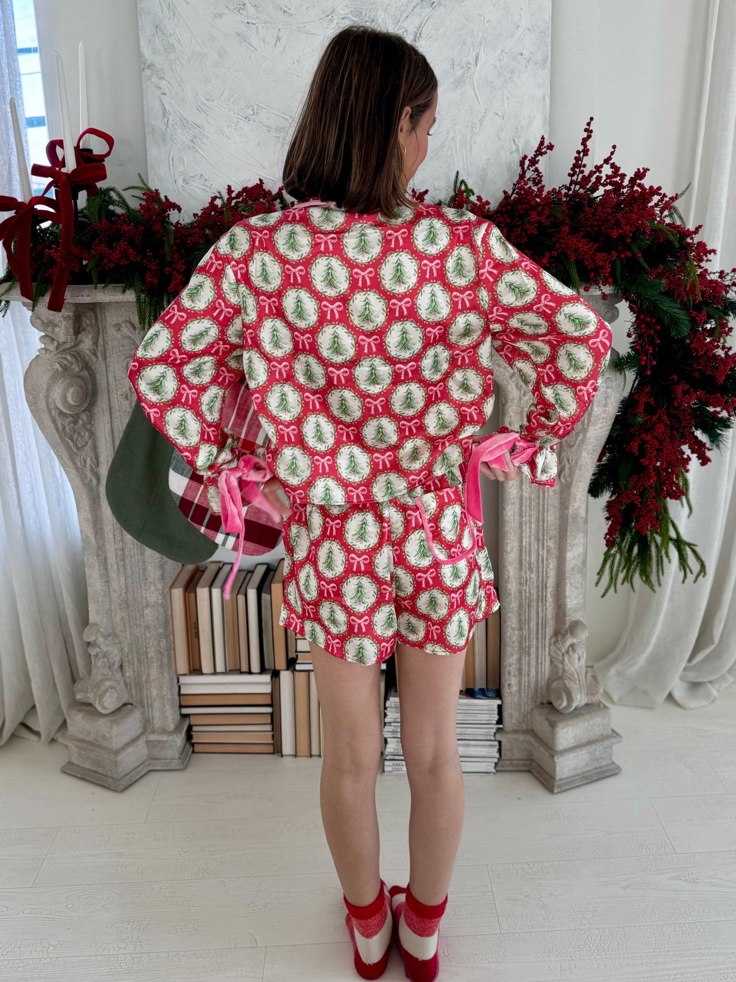 Satin Christmas Tree and Bow Print Pjs