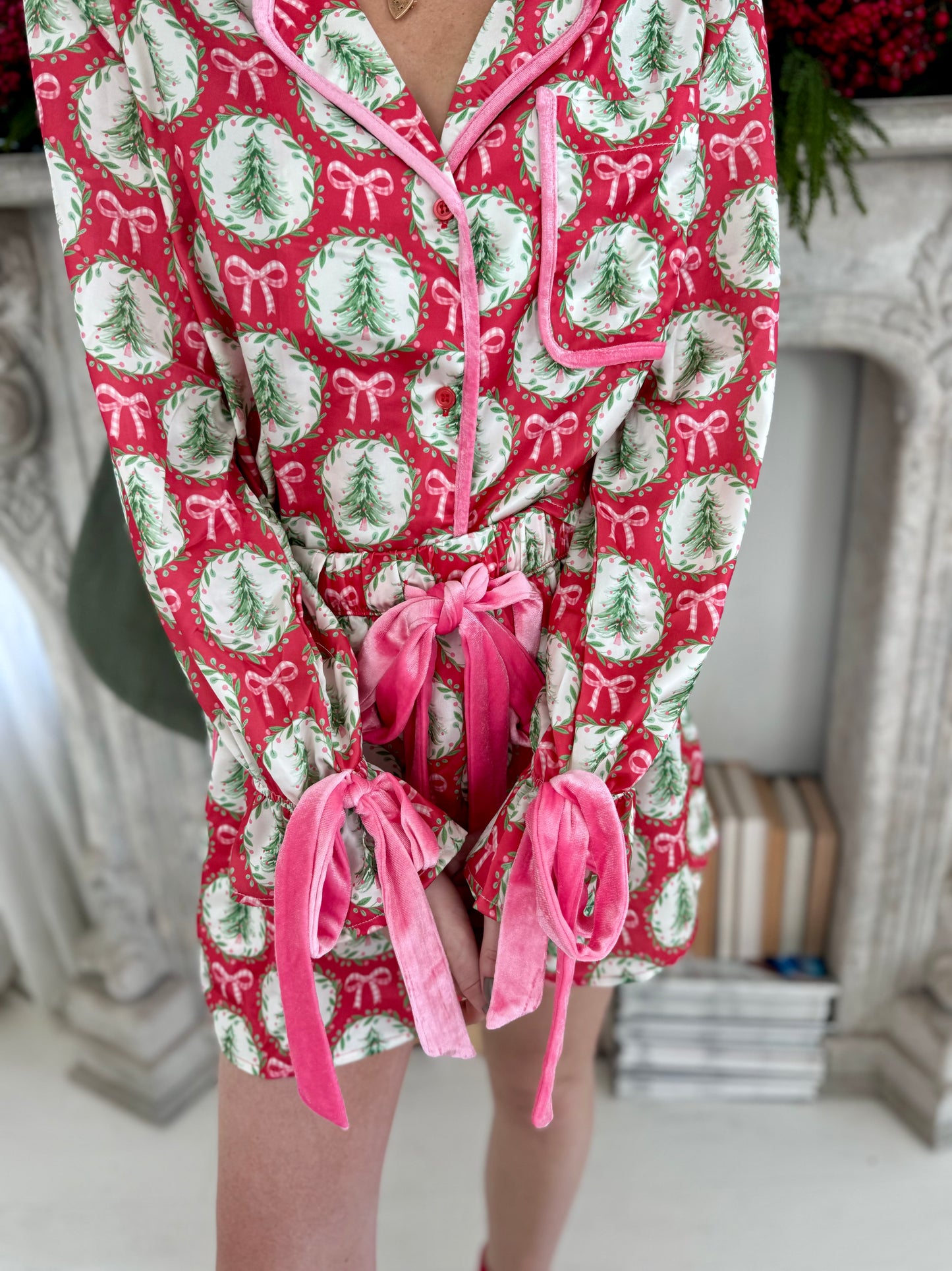 Satin Christmas Tree and Bow Print Pjs