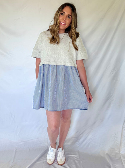Kyle Grey & Stripe Contrast Poplin Dress