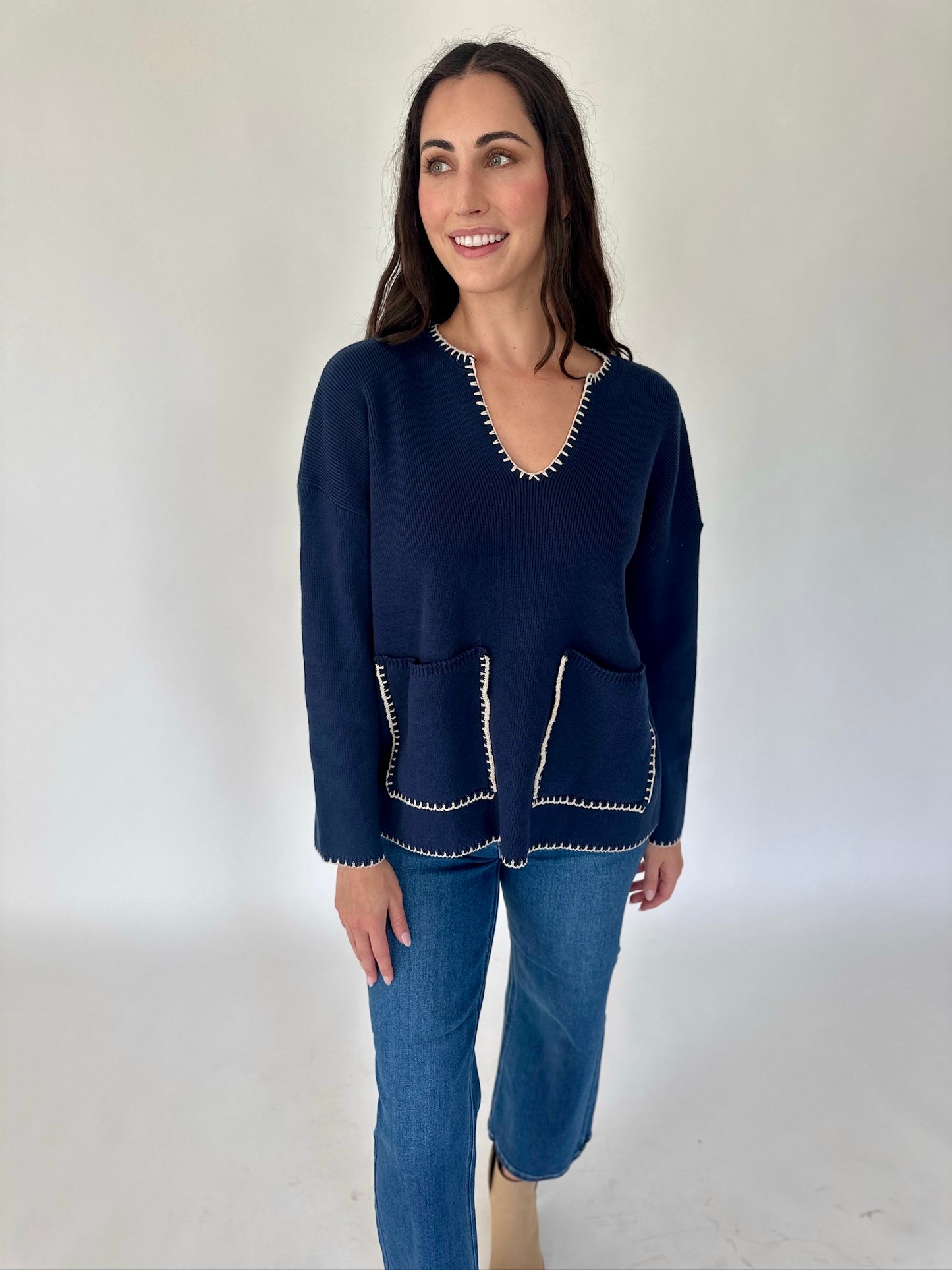 Maisie Ribbed Navy V-neck Sweater Top