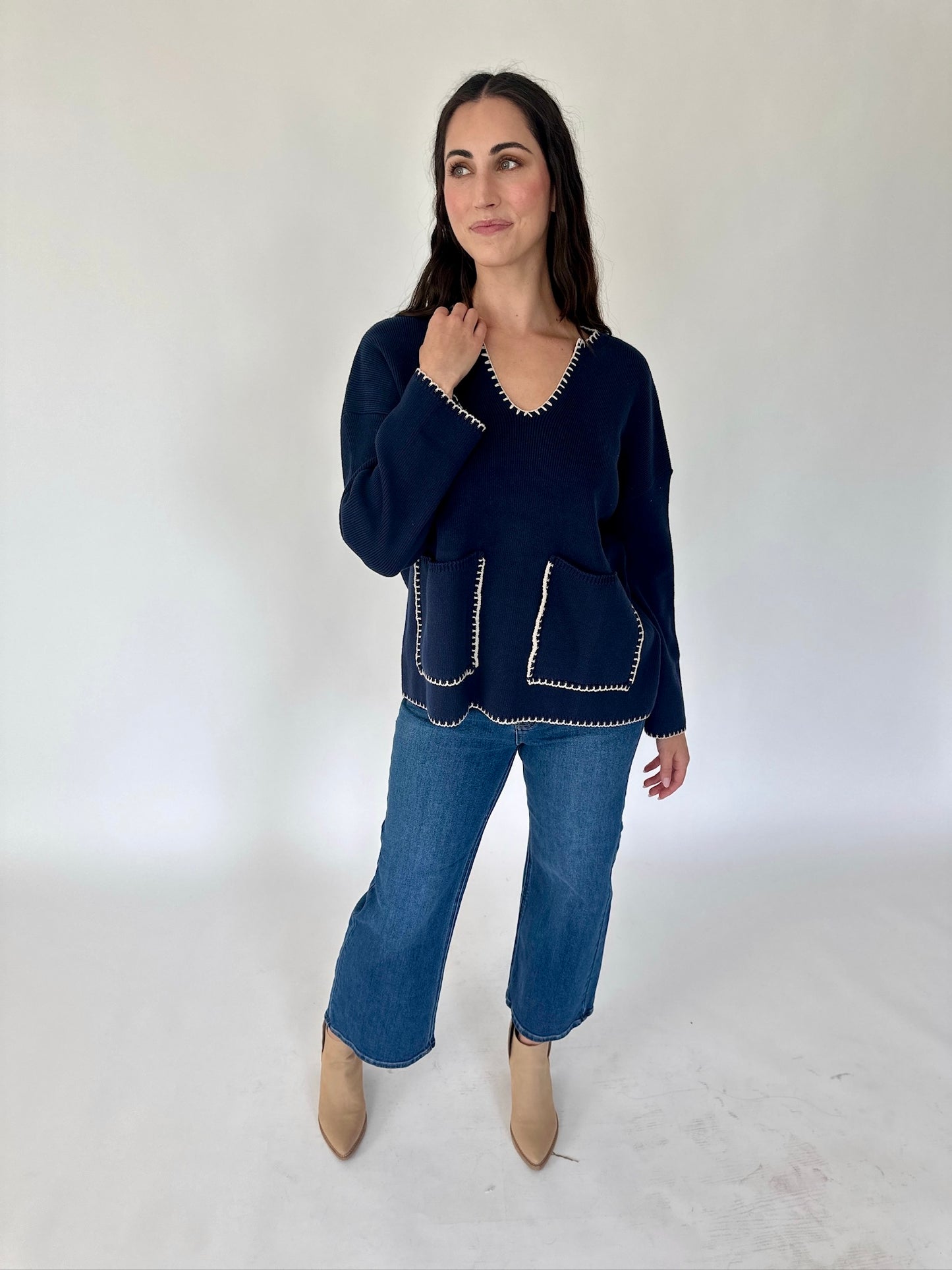 Maisie Ribbed Navy V-neck Sweater Top