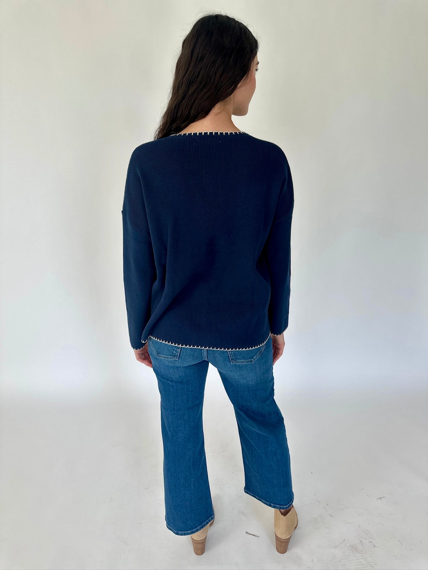 Maisie Ribbed Navy V-neck Sweater Top