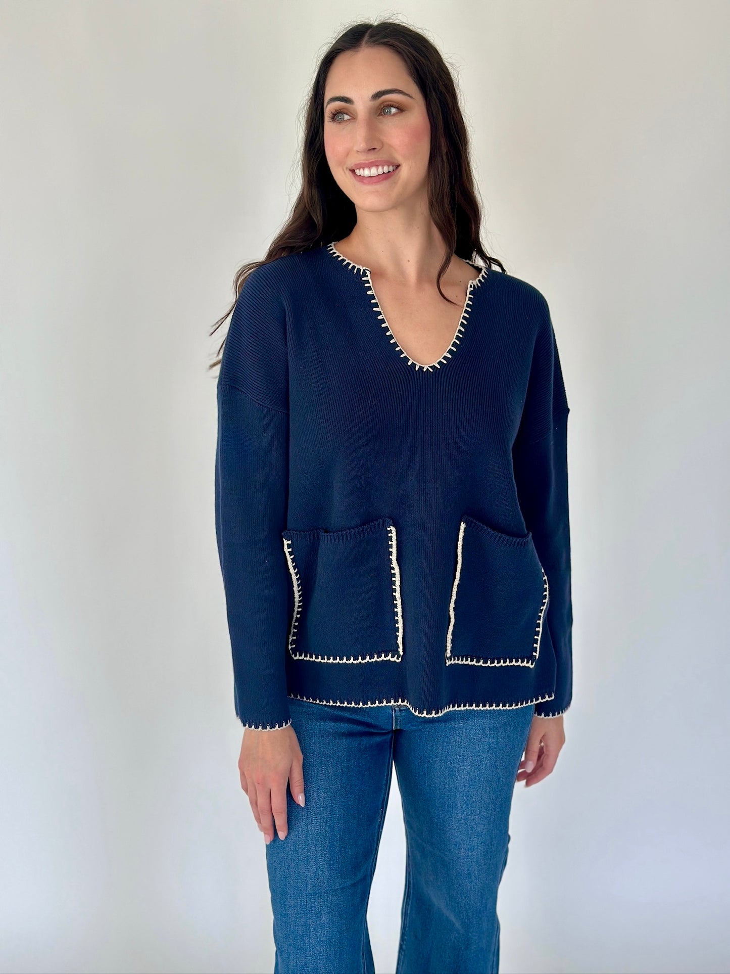 Maisie Ribbed Navy V-neck Sweater Top