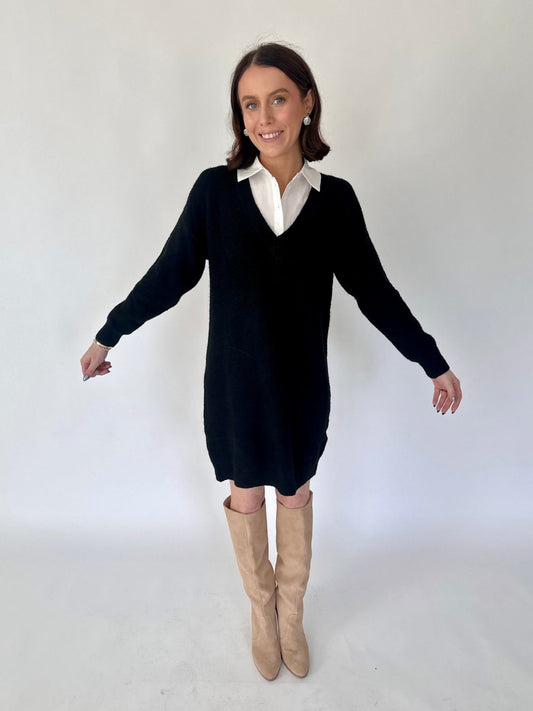 Cora Black Sweater Button Down Shirt Dress