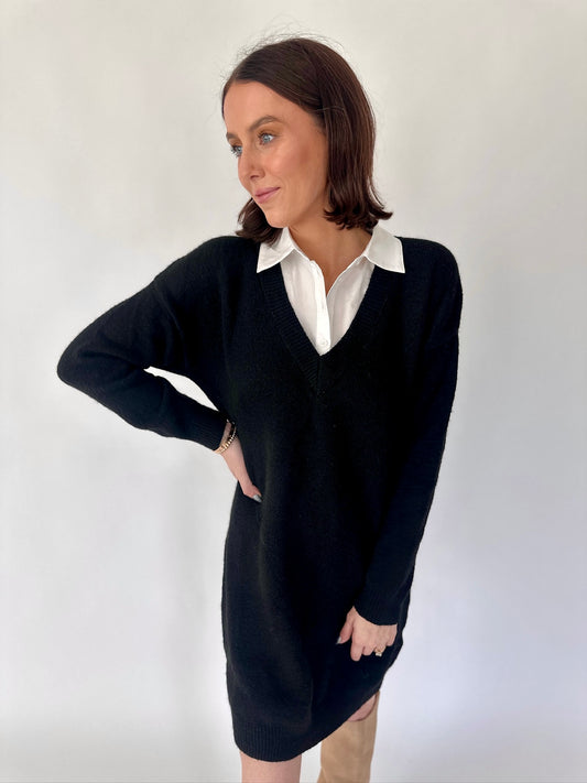 Cora Black Sweater Button Down Shirt Dress