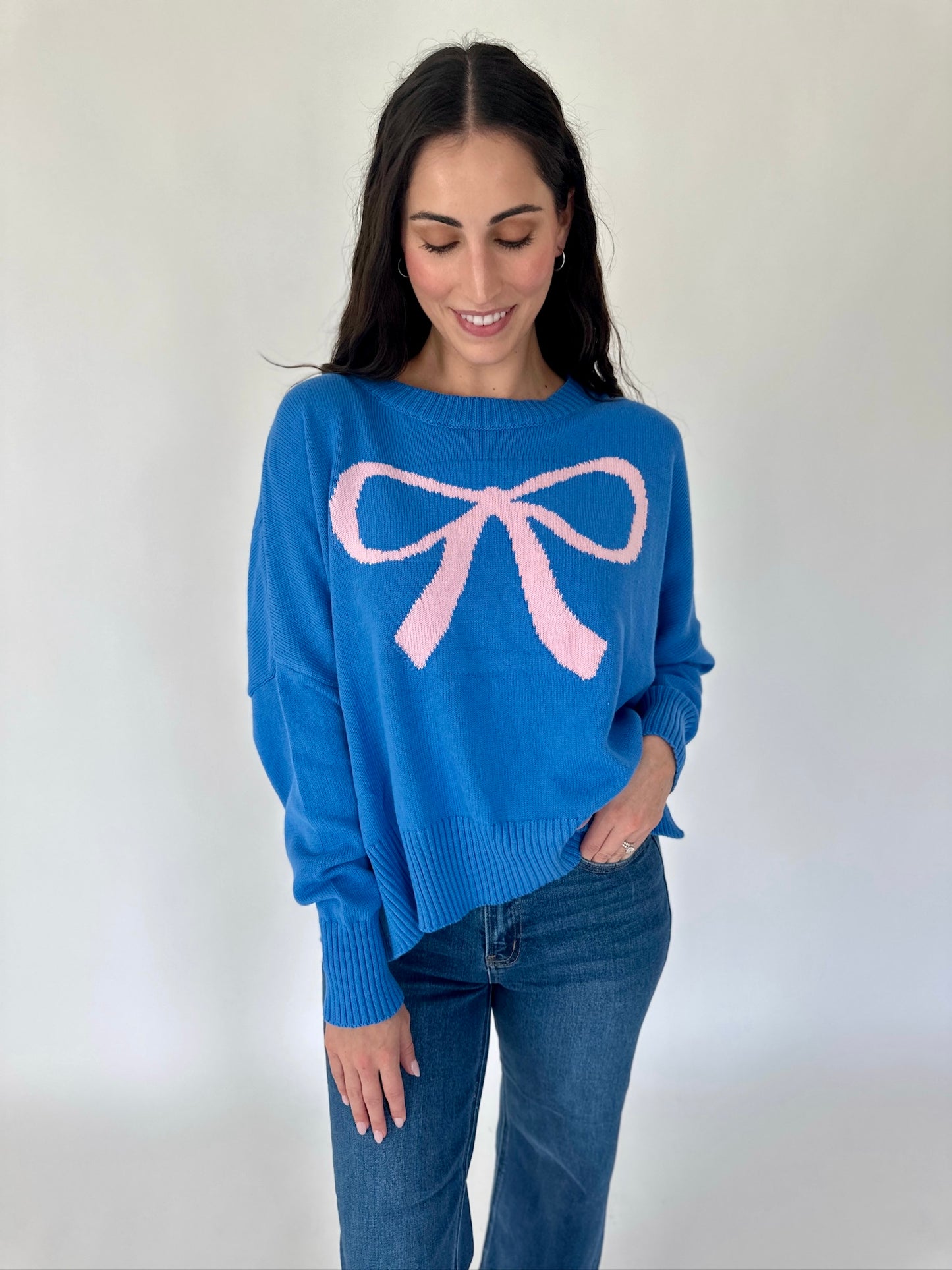 Abigail Ribbed Pink Bow Sweater