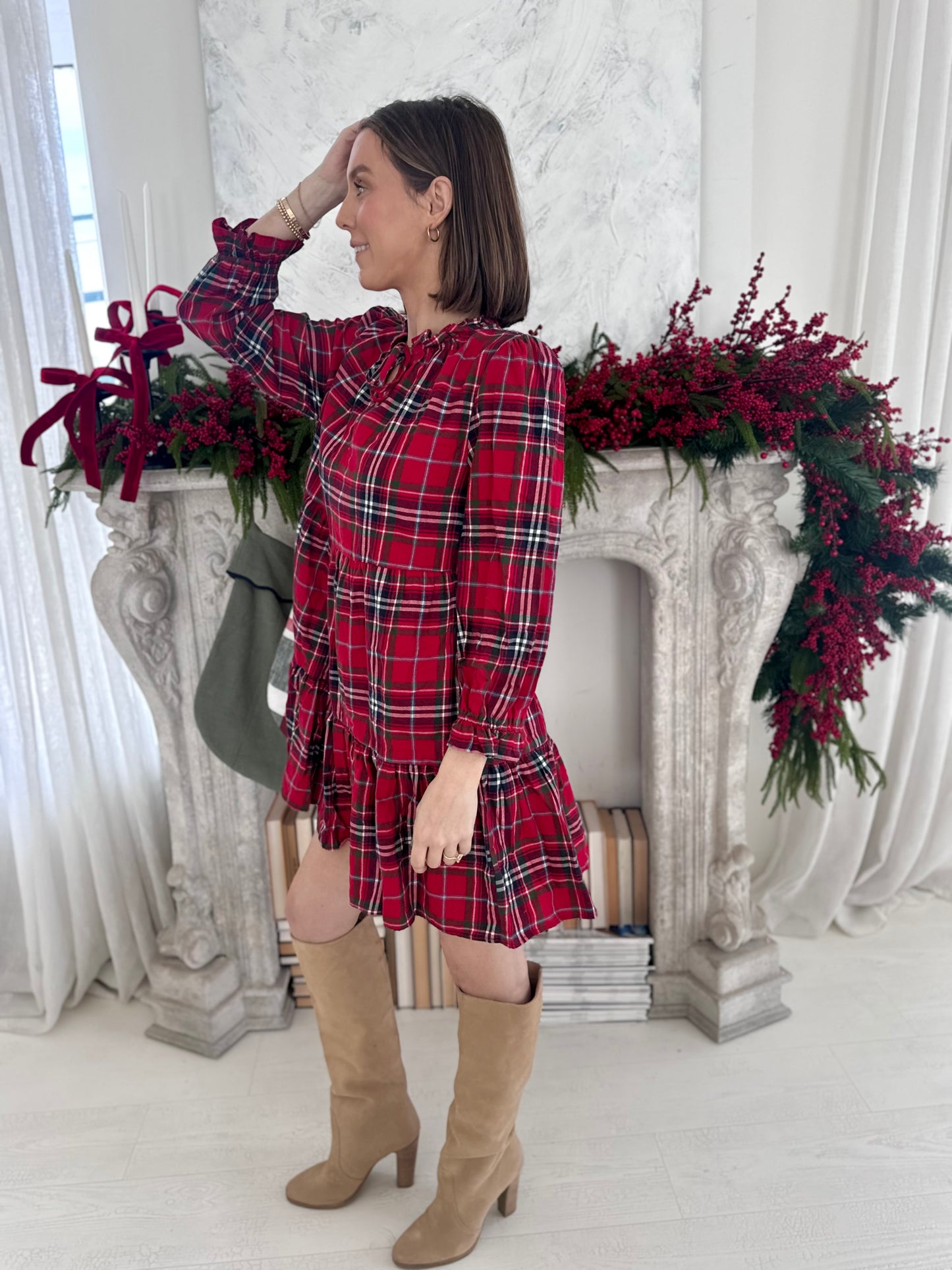 Be Merry Plaid Long Sleeve Ruffle Mini