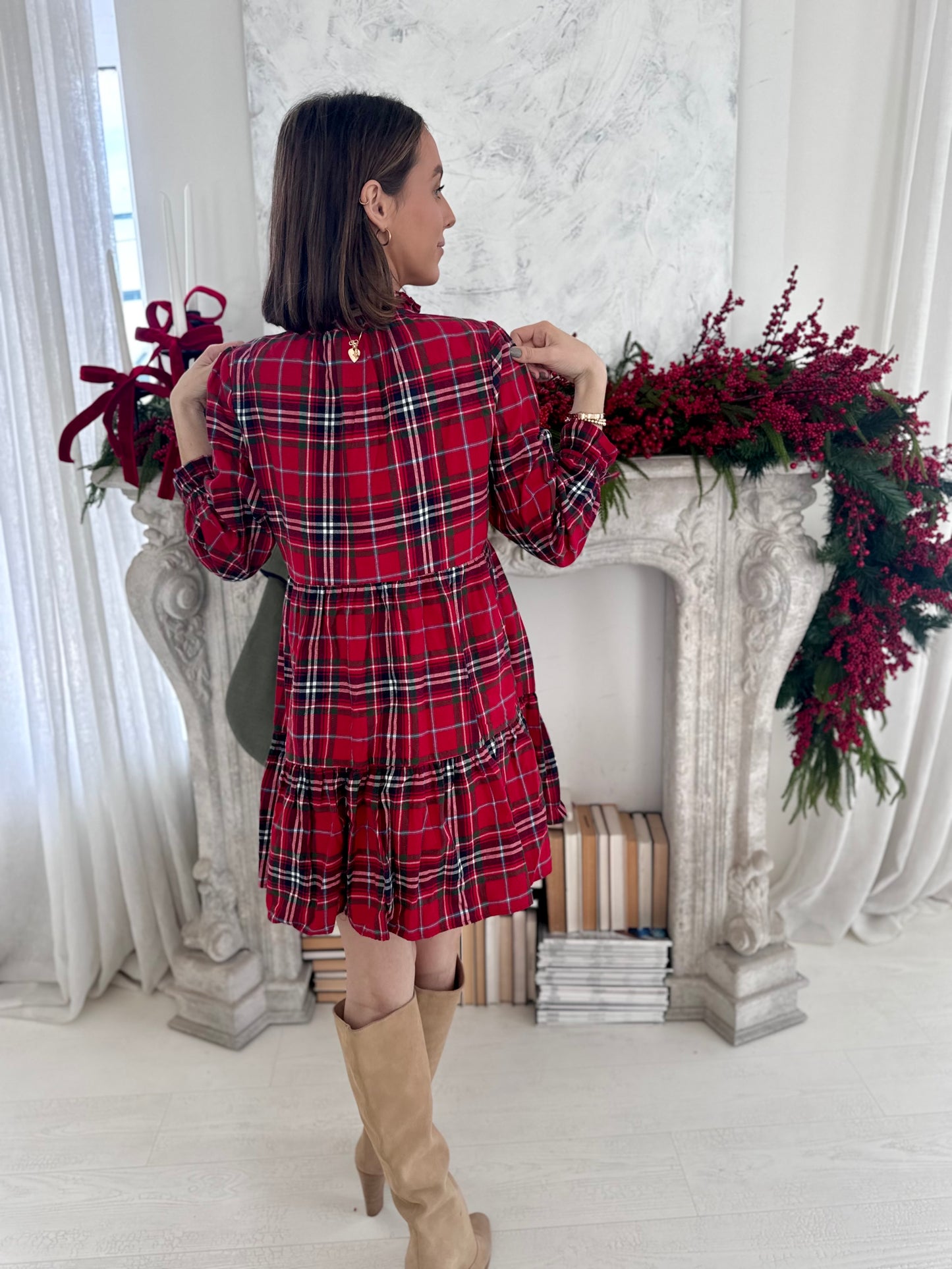 Be Merry Plaid Long Sleeve Ruffle Mini