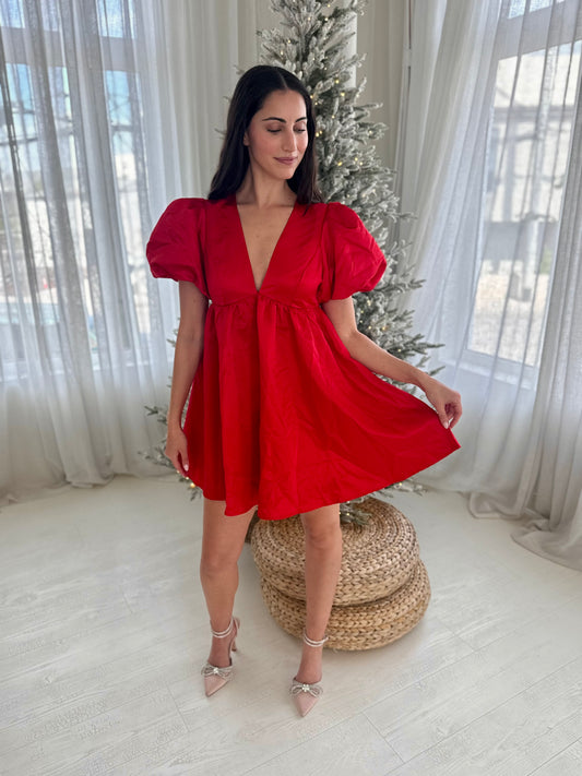 Rosealie  Red Babydoll Bubble Sleeve Mini