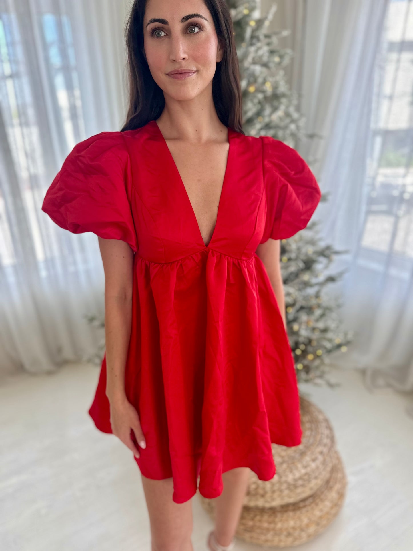 Rosealie  Red Babydoll Bubble Sleeve Mini