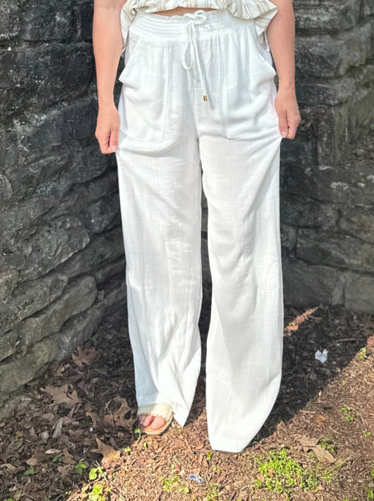 Linda White Soft Linen Wide Leg Pants