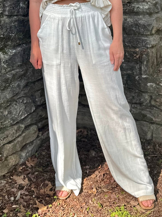 Linda White Soft Linen Wide Leg Pants