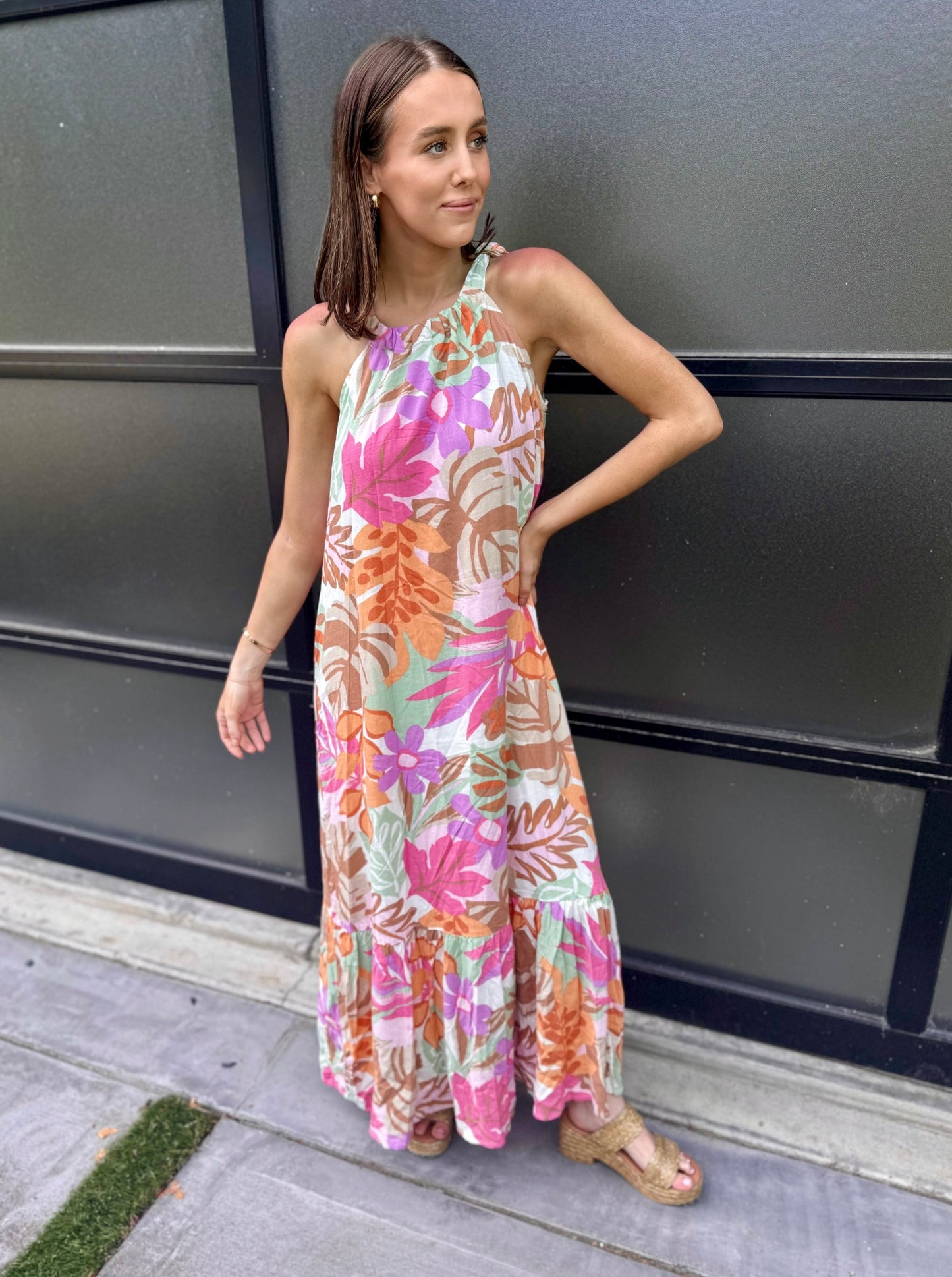 Sadie Floral Print Shoulder Tie Maxi Dress