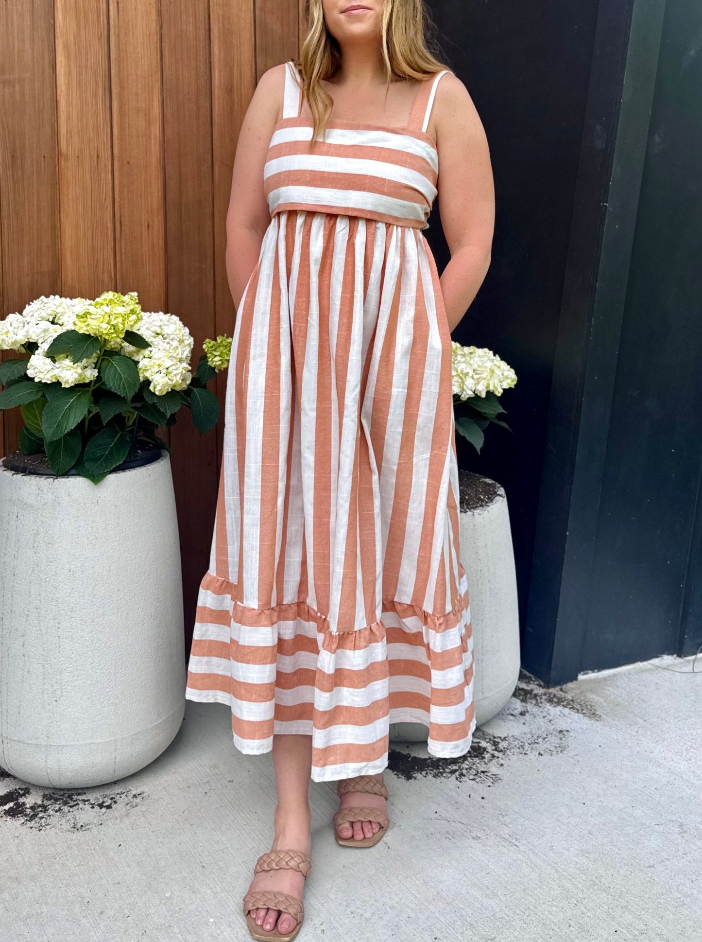 Evan Orange Stripe Midi Dress