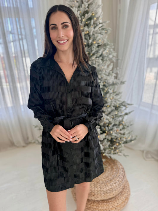 Ruby Black Satin Pleated Mini Shirt Dress