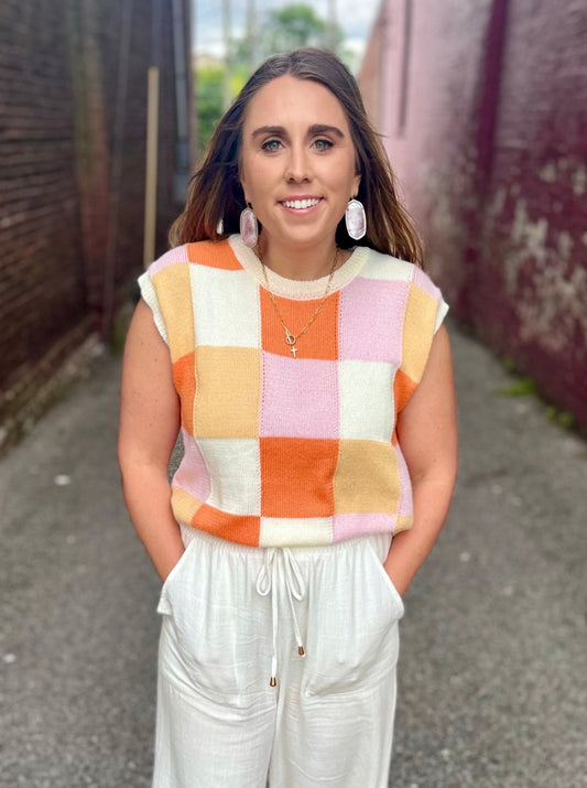 Saylor Pink and Orange Checker Sweater Vest