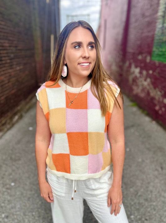 Saylor Pink and Orange Checker Sweater Vest