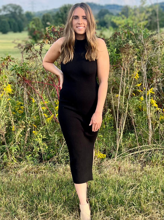 Presley Black Ribbed Midi Dress