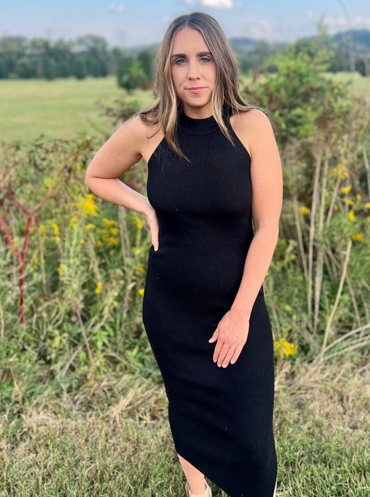 Presley Black Ribbed Midi Dress