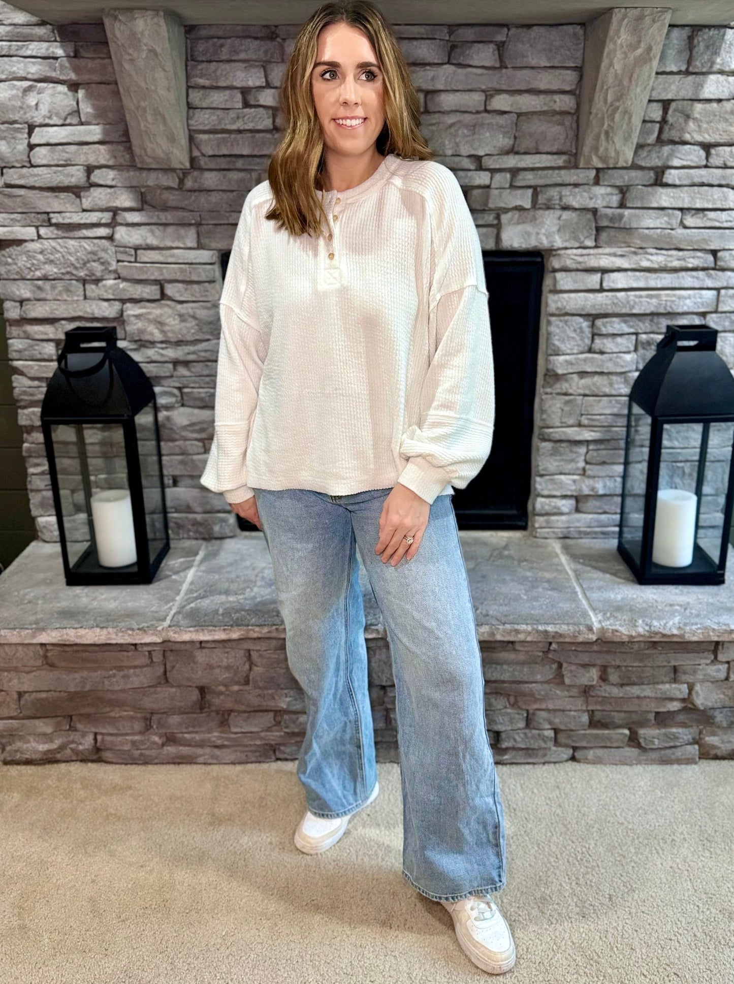 Ella Off white Henley Ribbed Top