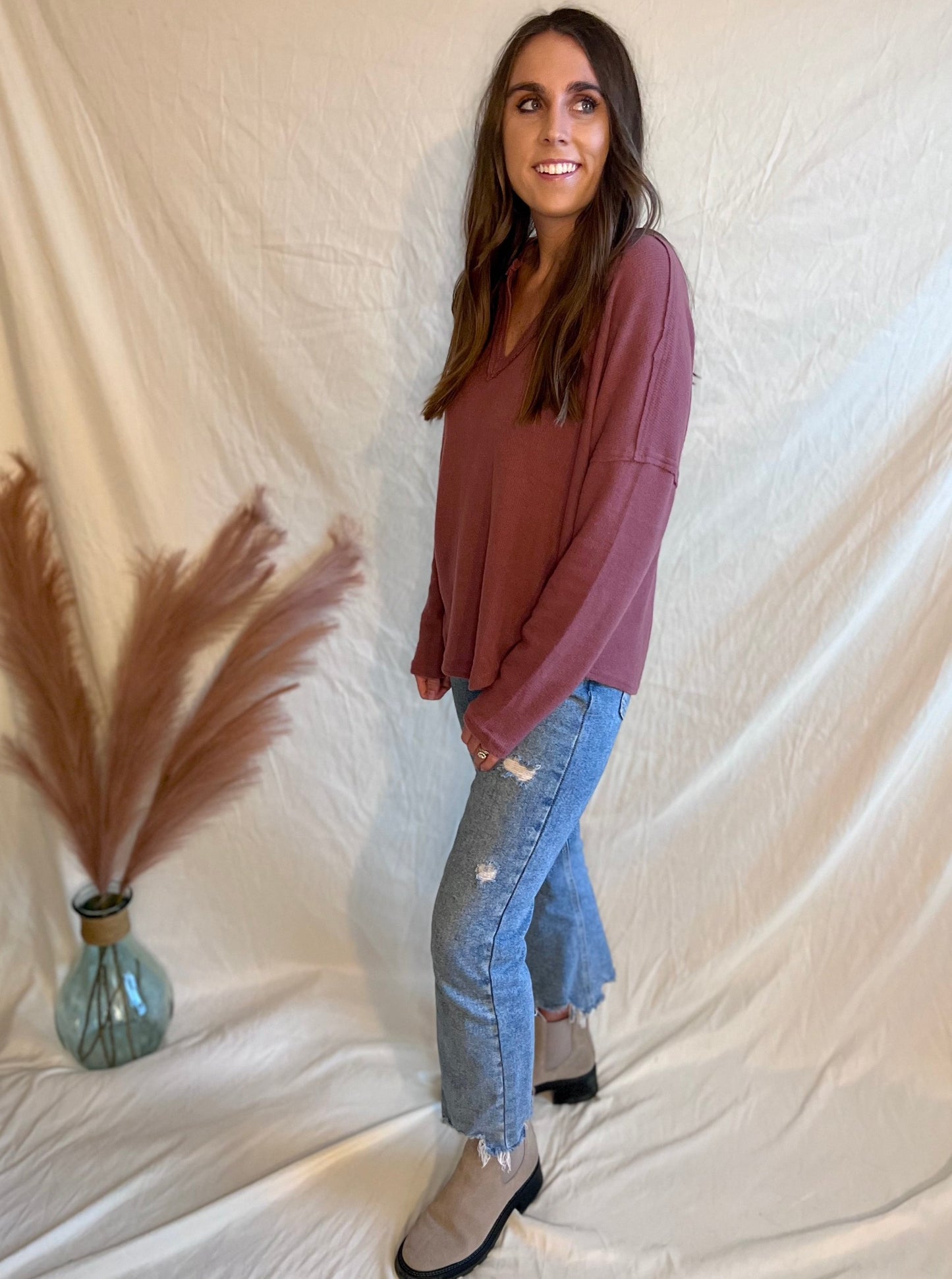 Going Places V-Neck Long Sleeve Knit Top