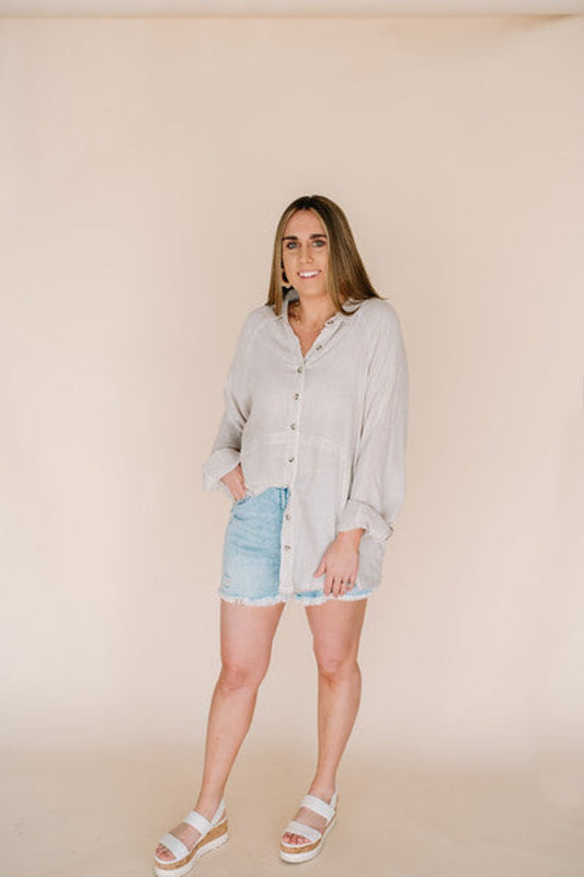 Late Night Ride Taupe Striped Button Up