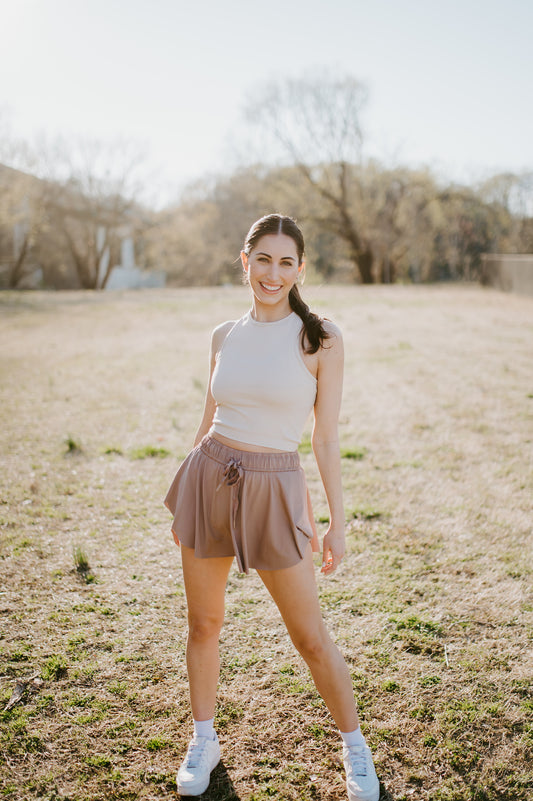 Amelia Flowy Drawstring Tennis Skort in Mink
