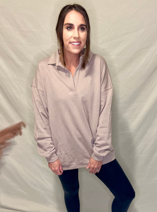 Stone Long Sleeve Collar Knit Sweatshirt